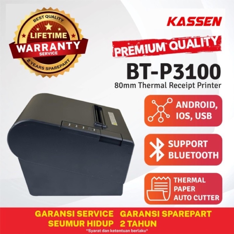 KASSEN BT-P3100 BT PRINTER THERMAL 80mm AUTOCUTTER BLUETOOTH USB RJ11 P3100 BT