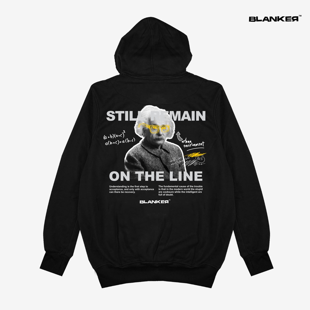 Blanker Sweater Hoodie Hitam Sablon Plastisol Einstein On The Line