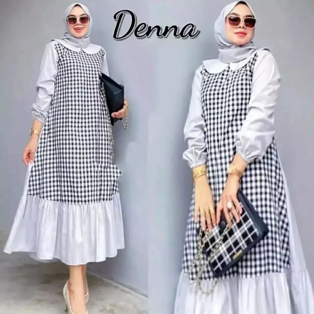 Denna Maxy Midi / Dress Muslim Wanita Matt Katun Rayon Mix Katun Kotak / Midi Dress Murah Kekinian /
