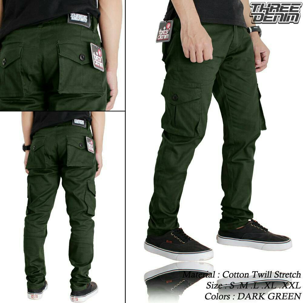 Three Denim Celana Cargo Panjang Pria Hijau Army Big Size Three Denim Celana Cargo Panjang Pria Hijau Army Big Size