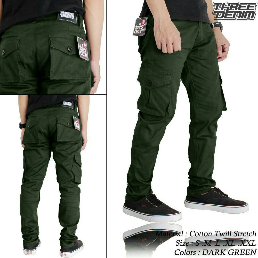 Jual Three Denim Celana Cargo Panjang Pria Hijau Army Big Size XXL 36