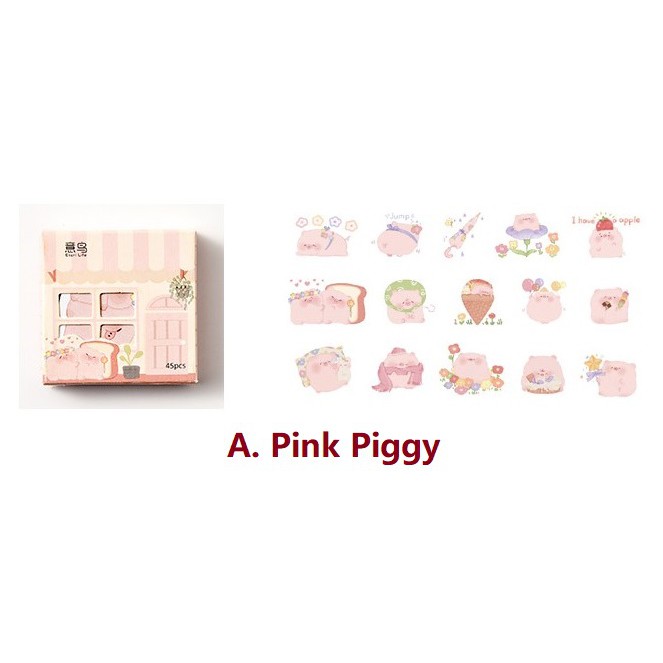 [MILOLI] 45Pcs CUTE CHARACTER Deco Sticker DIY Scrapbook Stiker Jurnal Diary Planner Kotak - B0127-A. Pink Piggy