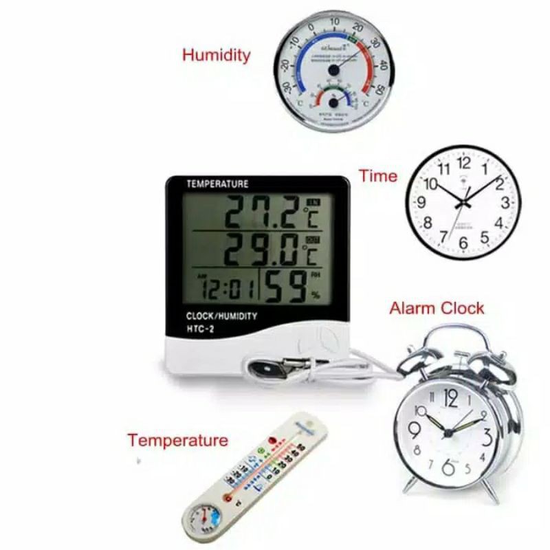 thermometer HTC-2 - 3 Row display thermometer, hygrometer &amp; clock