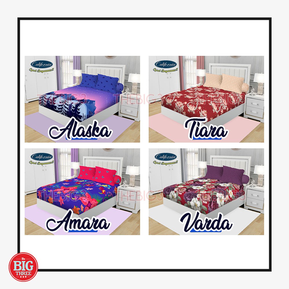 CALIFORNIA Sprei 180x200 4 bantal motif Amara Tiara Azela Varda Raisha Alvia Tevy Hanako Puzzle Erica Moala Mirah Elba Origami Rosa Rosea Vinca Fellie  - 180 King SP B4