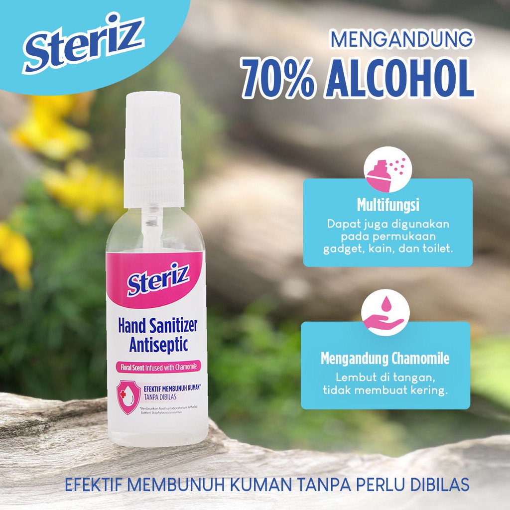 STERIZ Hand Sanitizer Antiseptic Floral Scent 60ml Pembersih Tangan Cair Membunuh Kuman dan Bakteri Tanpa Perlu Dibilas