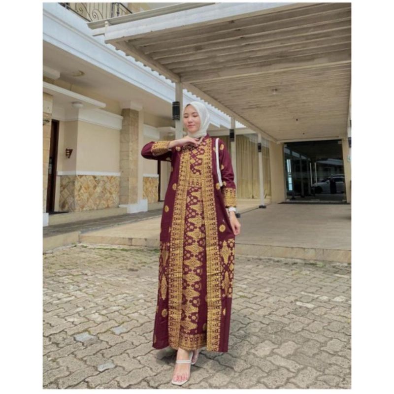 BAJU GAMIS DRESS BATIK MOTIF SONGKET PALEMBANG COUPLE PASANGAN KONDANGAN WANITA TERBARU KEKINIAN