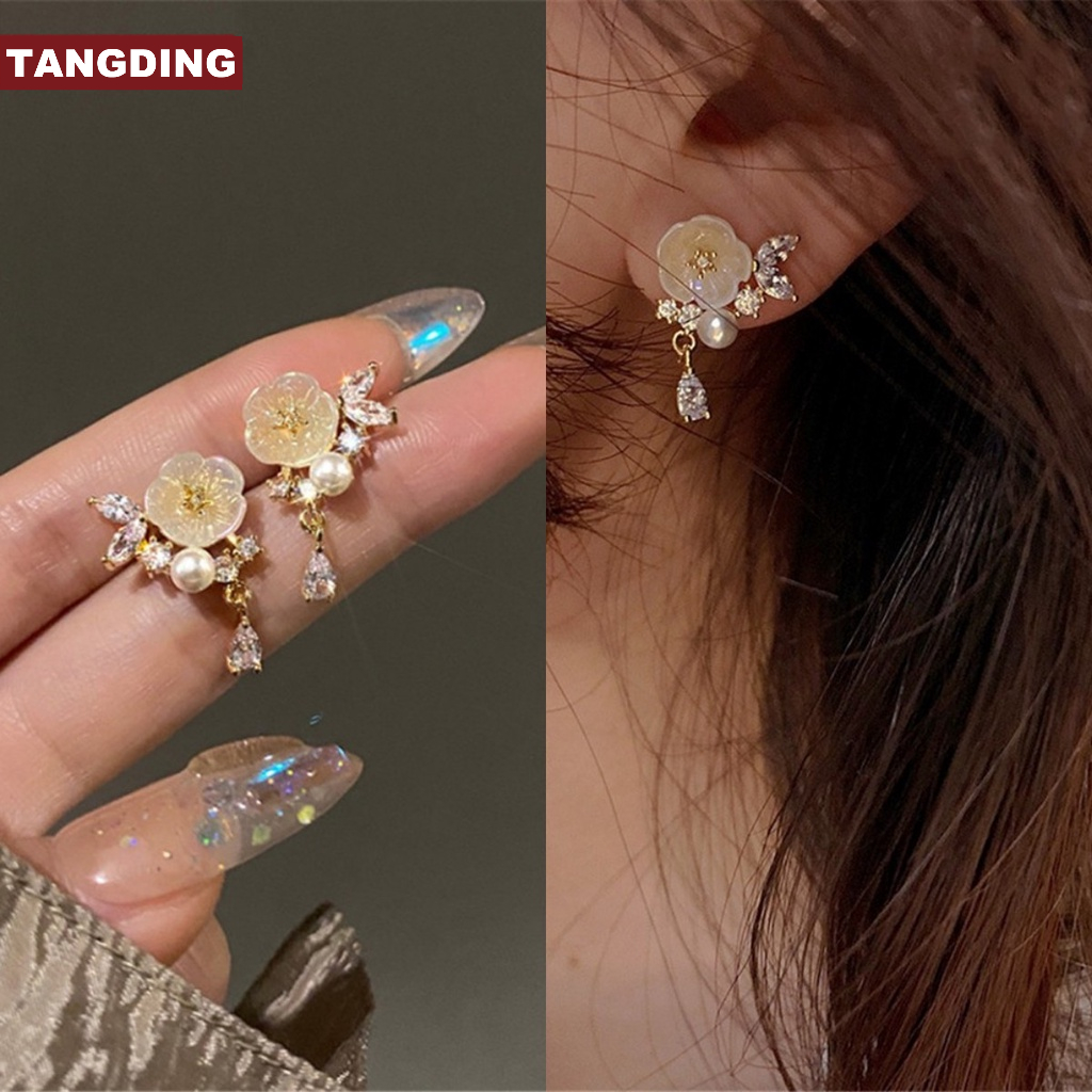 【COD Tangding】Anting Tusuk Gantung Temperament Desain Bunga Anggrek Hias Mutiara Untuk Wanita