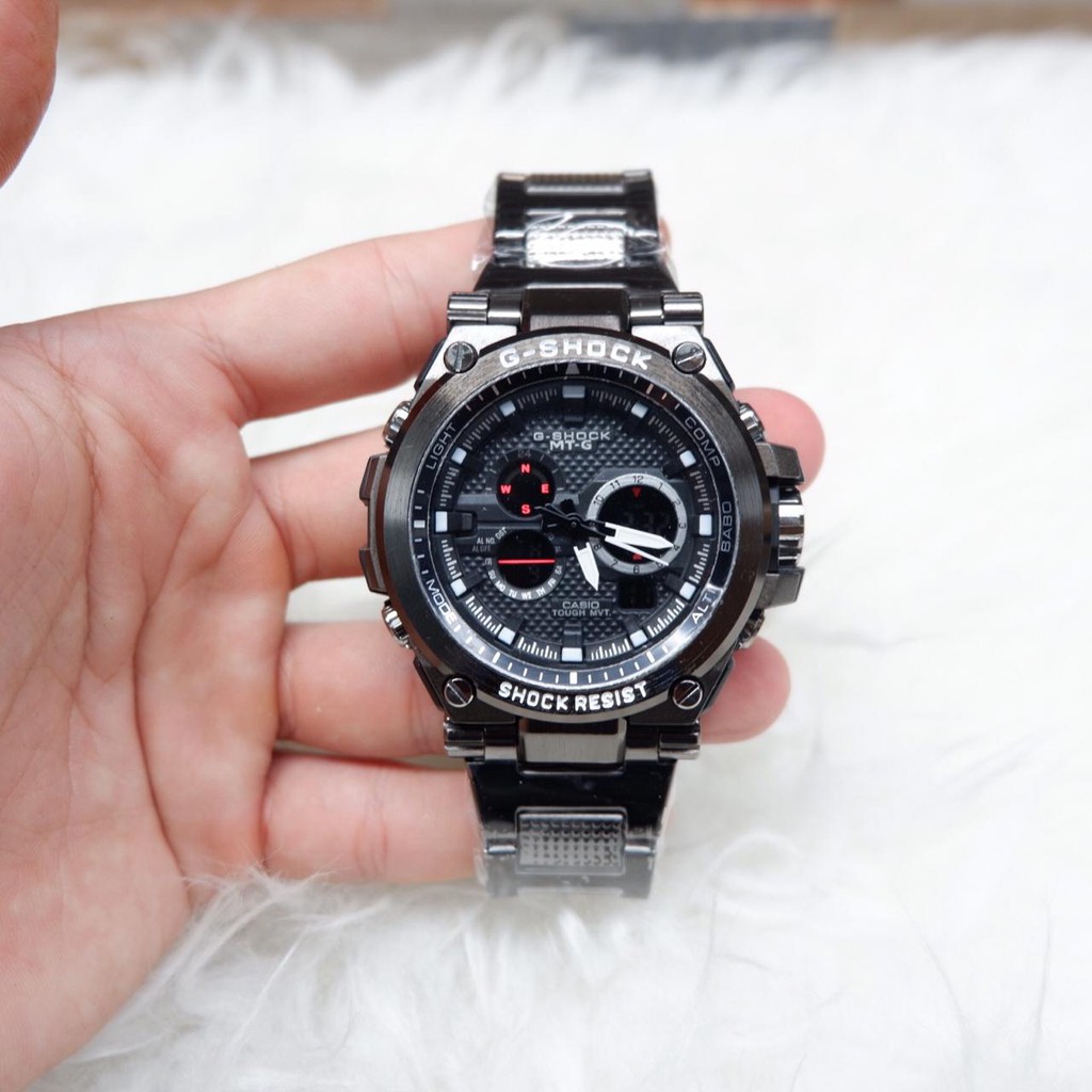 JAM TANGAN PRIA G-SHOCK CASIO MTG 990 STANLES STEEL HITAM LIS PUTIH