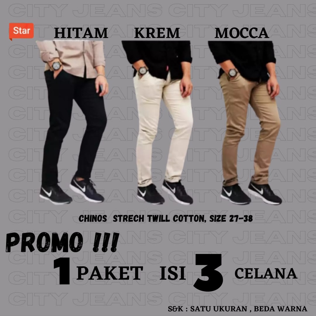 COD PROMO SPESIAL BELI 1 PAKET ISI 3 CELANA // CELANA CHINO PRIA BEST SELLER // 1 PAKET DAPAT 3 CELANA MULAI DARI 100RB // CELANA CHINO PRIA TERLARI