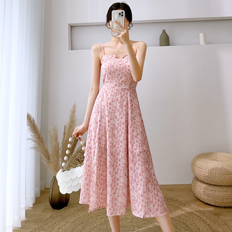 #Sisjuly# Wanita Perancis Temperamen Slim Chiffon Suspender Gaun Wanita Musim Panas Manis Temperamen