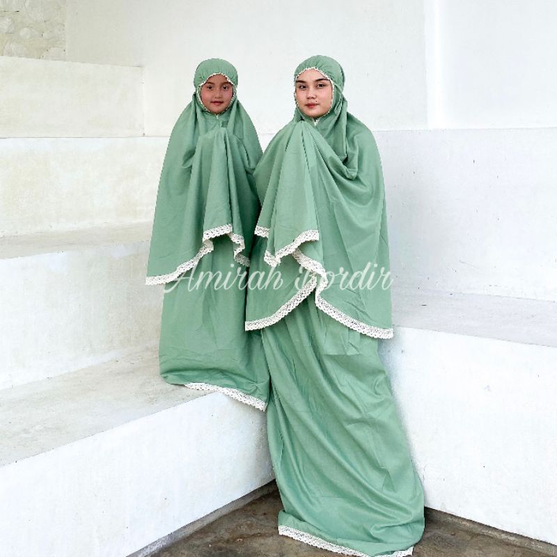 MUKENA COUPLE / MUKENA SARIMBIT MURAH KATUN POLOS RENDA RAJUT DEWASA ( IBU) &amp; ANAK ( 1,5 TAHUN - 16 TAHUN)