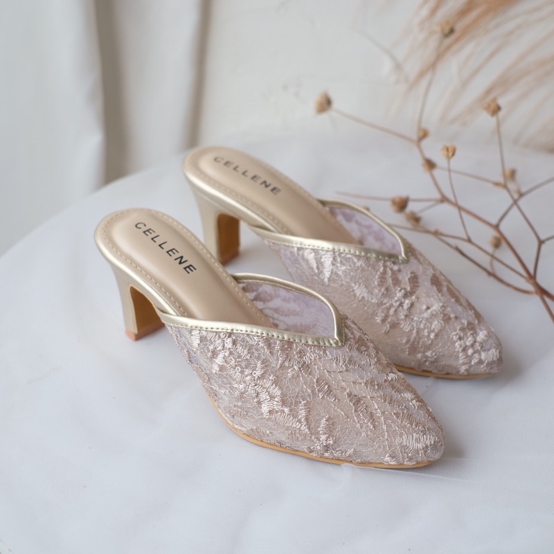 𝗖𝗘𝗟𝗟𝗘𝗡𝗘 JiA Lace Heels (6warna) / wedding shoes 7cm selop brukat