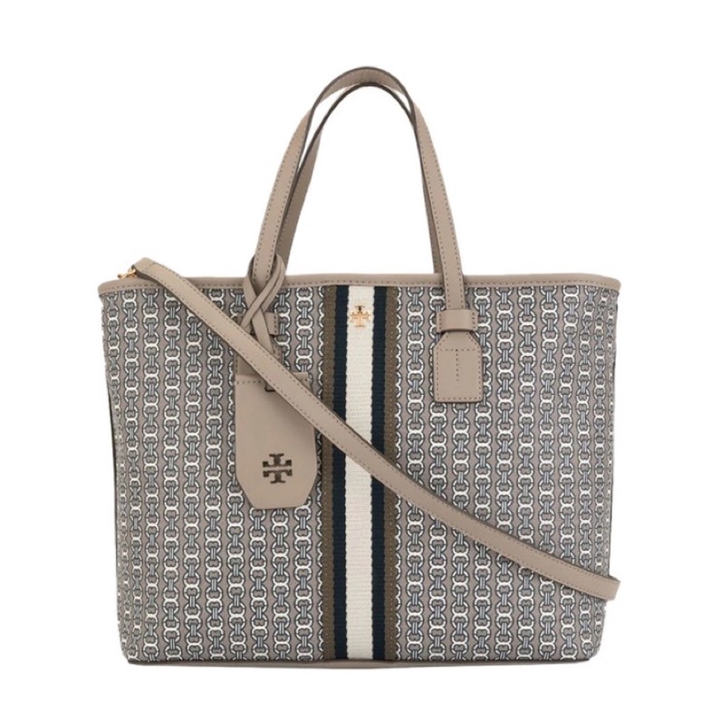 TORY BURCH TOTE BAG GEMINI LINK CANVAS GRAY HERON