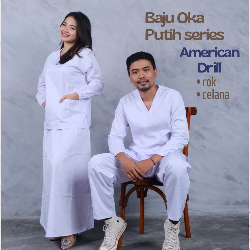 Baju Jaga Ok Oka White Series Premium Drill | Baju Ok Rok Putih Medical Scrub