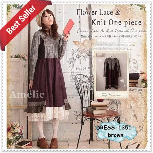 TERMURAH - Dress Import Long Rajut Midi Lengan Panjang Lace Brukat Korea Jepang Wanita Murah