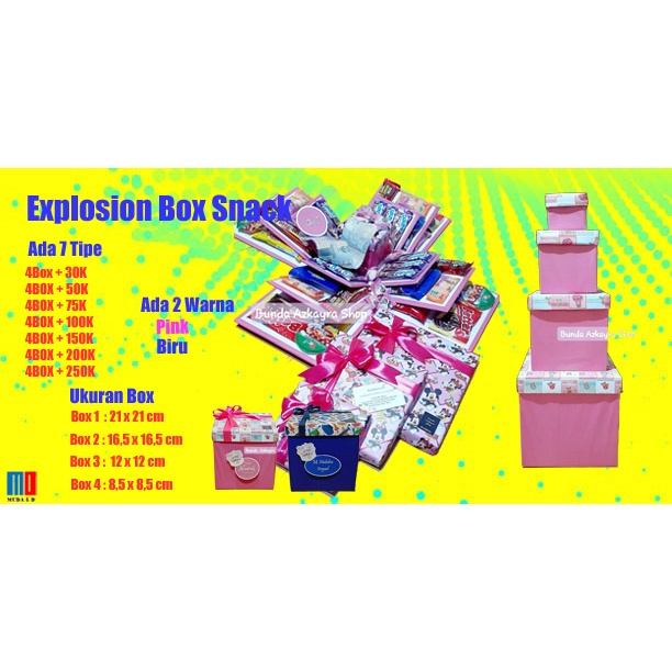 Explosion box 4 box/Explosion box snack/Surprise box/Snack box/Box tarik uang/Kado tarik uang/Kado u