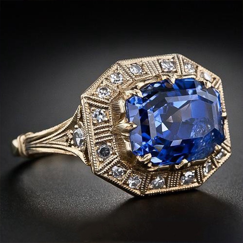 Cincin Emas 18K Hias Batu Permata Sapphire Biru Untuk Wanita