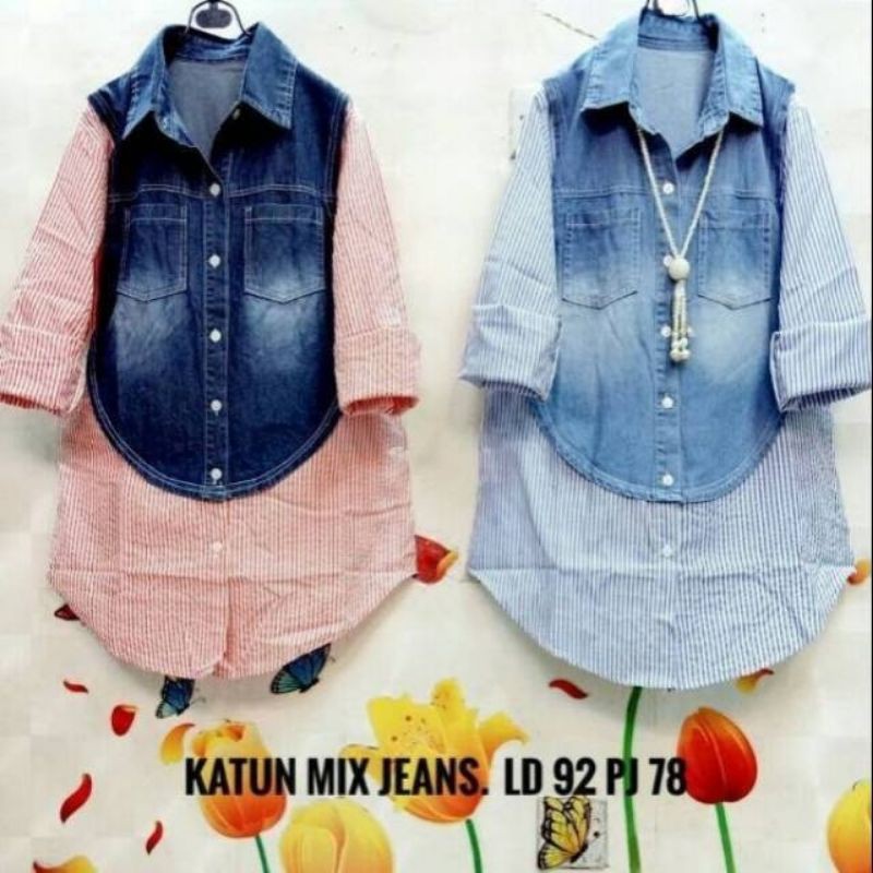 Kemeja salur mix jeans( Kemeja jeans kombinasi salur)
