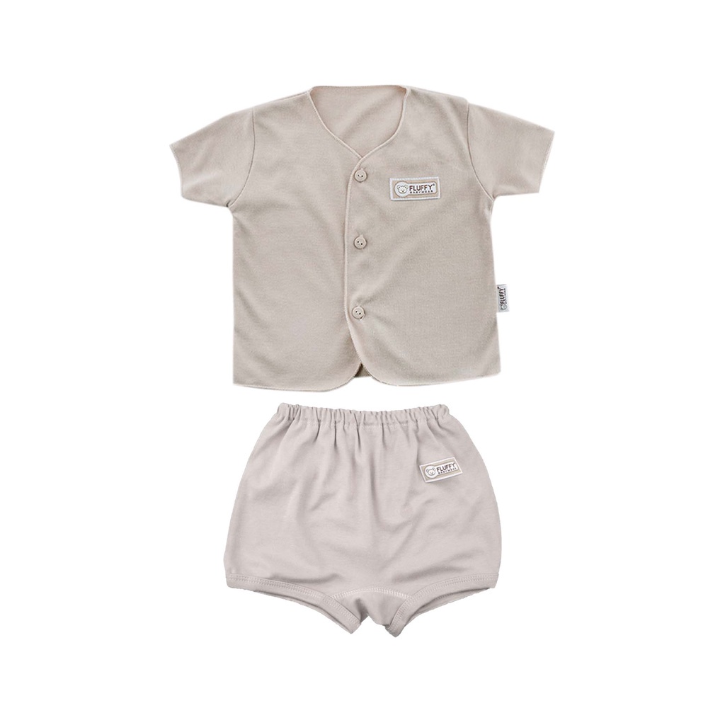 Fluffy Setelan Baju Pendek Celana Pendek Khaki Series - Fluffy Baju Bayi SNI