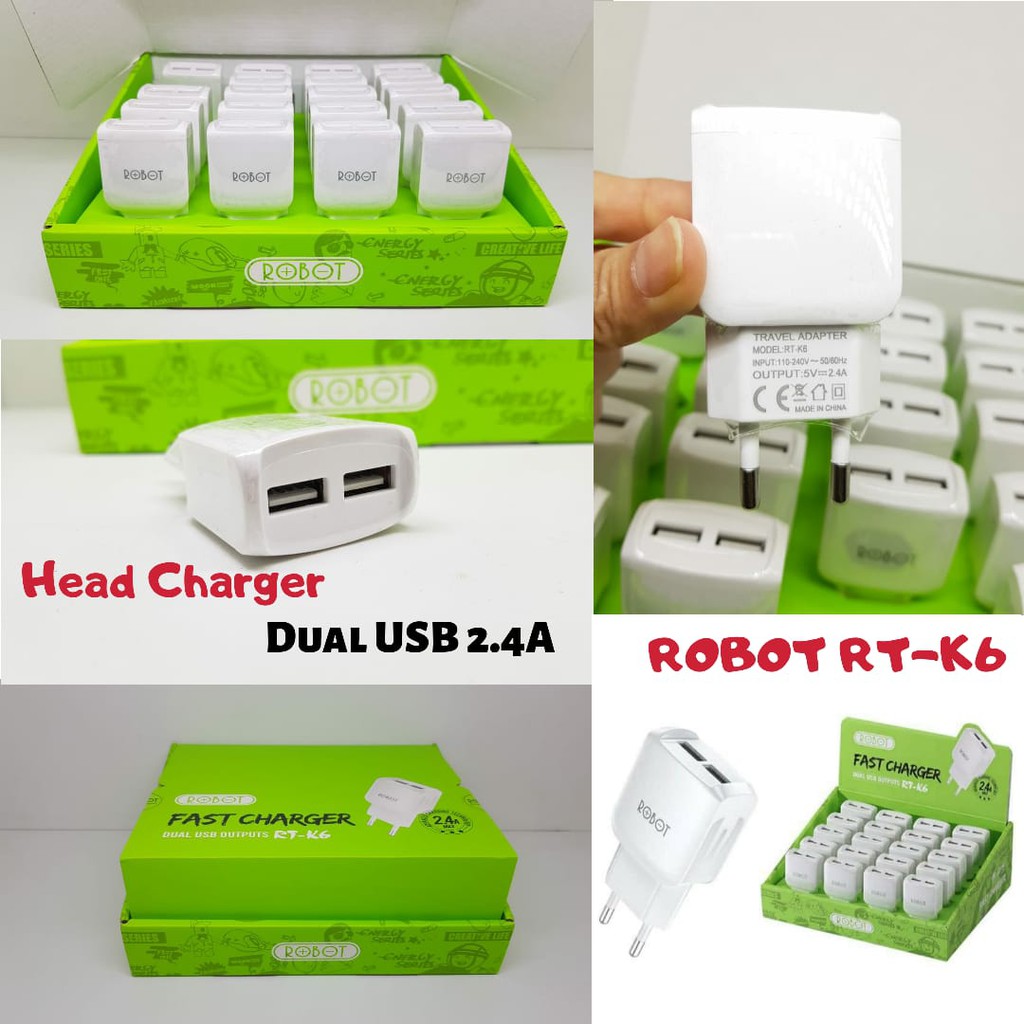 Head Charger Robot RT-K6 2.4A 2 USB Fast Charging Batok Casan ROBOT RT-K6 Multiple Smart Protection