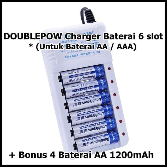 DOUBLEPOW Charger Baterai 6 slot AA AAA with 6 PCS AA Battery 1200mAh