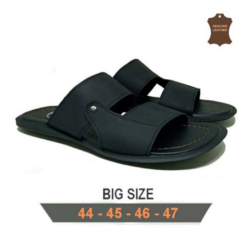 Sandal Ukuran Besar 44-47 / Sendal Slide  Pria Cowok Bapak2/JUMBO BIG Bahan Kulit Hitam, 47