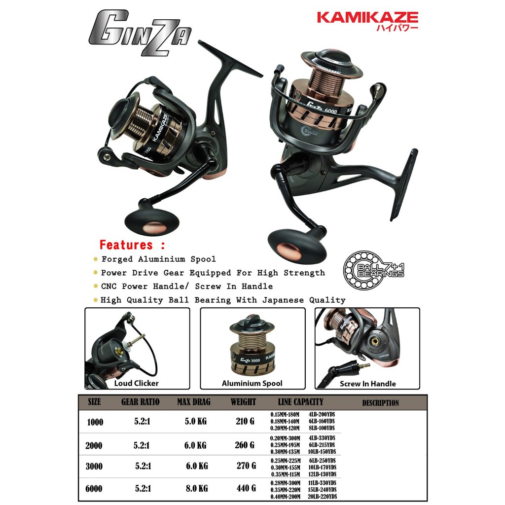 Reel Pancing KAMIKAZE Ginza 7+1 BB Power Handle Spool Alumunium Murah