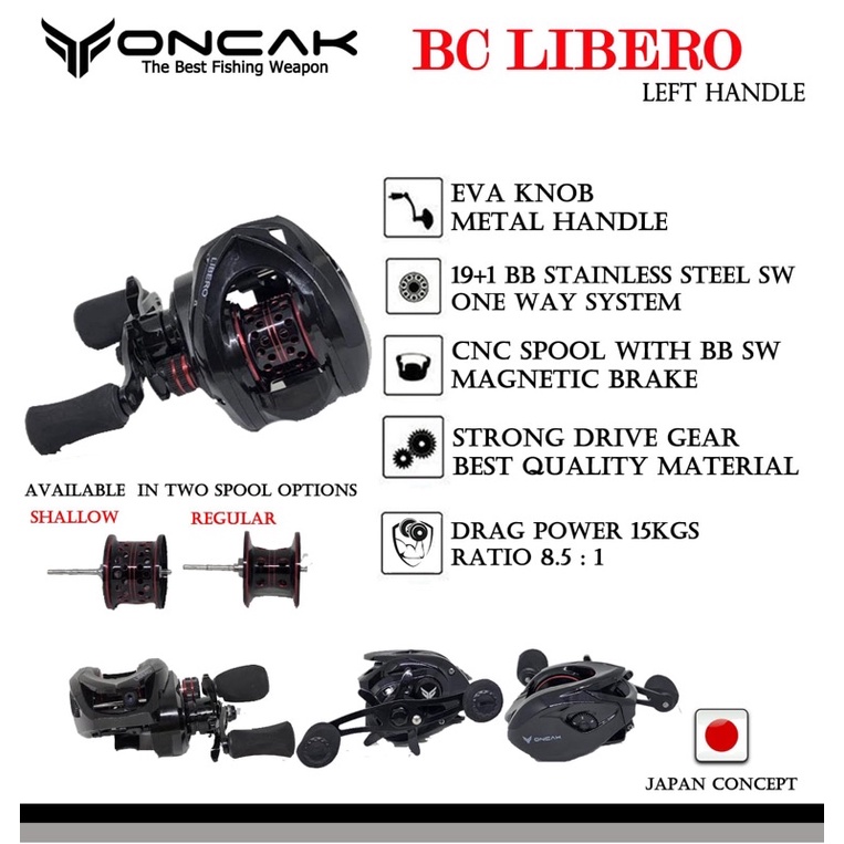 Reel Pancing BC Oncak Libero/Drag Power 15KG/Reguler Spool & Shallow Spool/Ratio 8.5:1