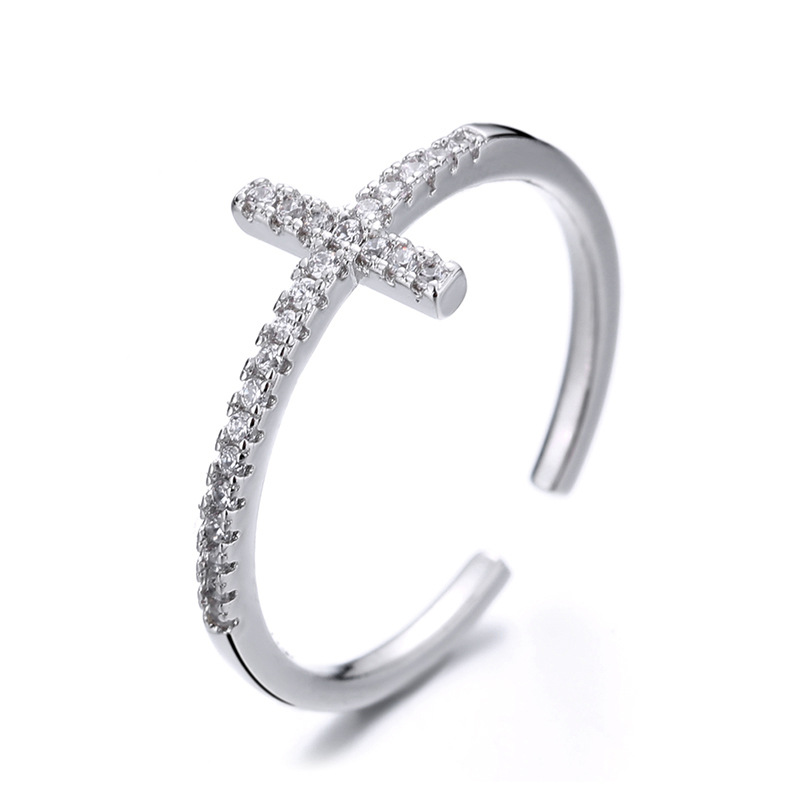 Korean Style Sparkling Diamond Cross Open Ring Women's Fashion Jewelry Engagement Gift