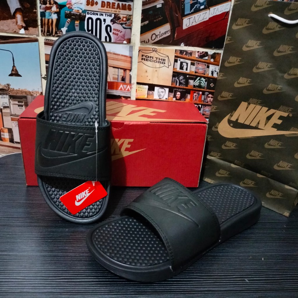 SANDAL NIKE HITAM BENASSI SLIDE SENDAL SLOP SPORT SELOP PRIA WANITA PREMIUM FLIP FLOP FULL BLACK