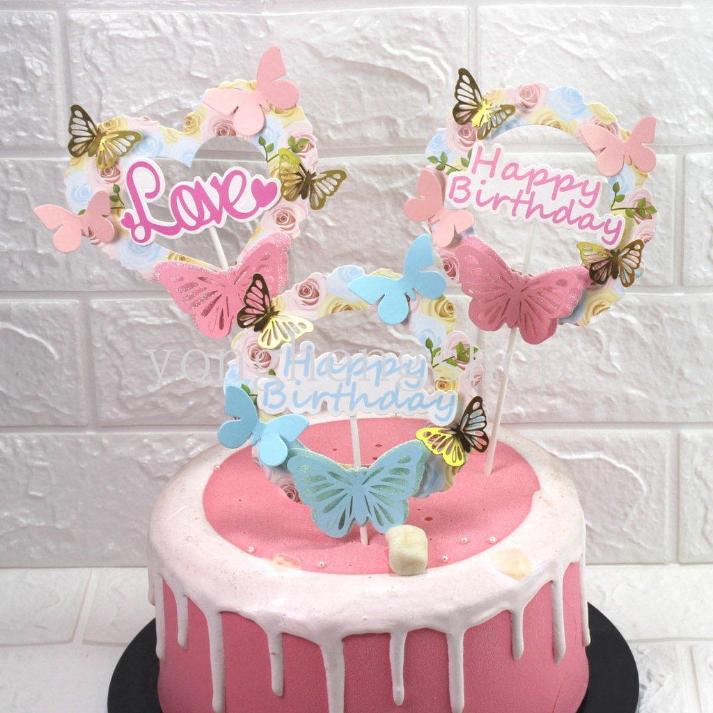 Topper Kue Desain Butterfly Happy Birthday 3D Untuk Dekorasi Pesta Pernikahan