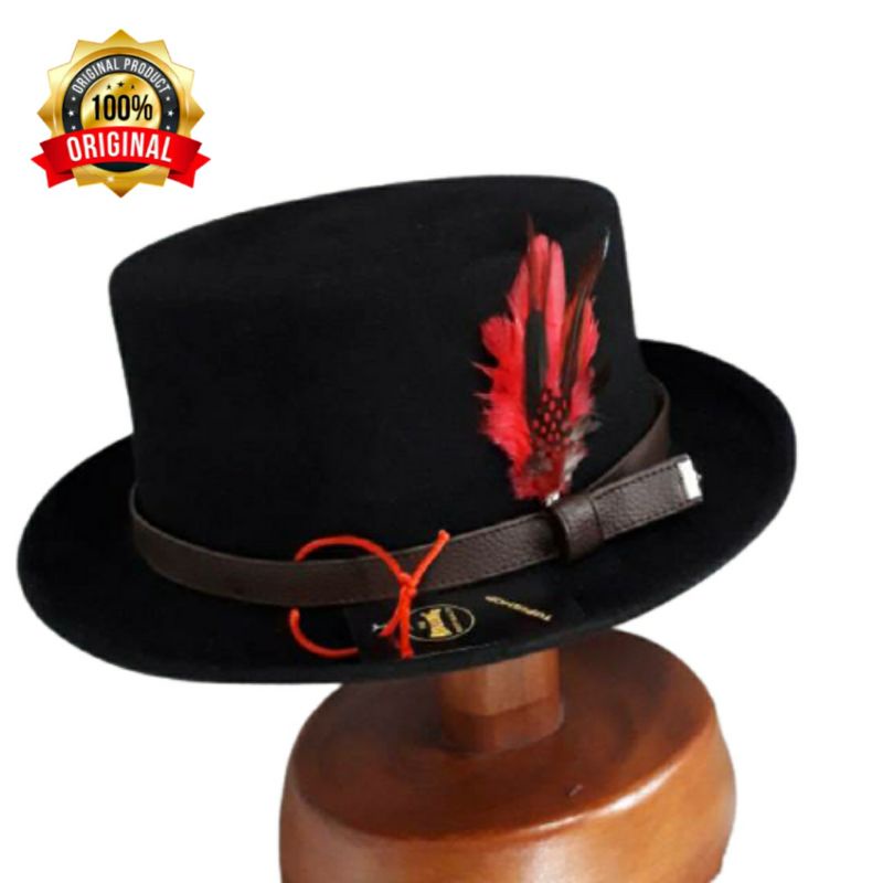 Topi Pria Original Laken Fedora Prokpie Warna Hitam Bahan Kulit Sapi Import