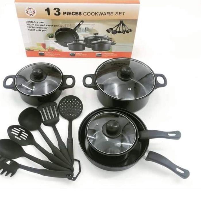Panci masak tutup kaca anti lengket (satu set 13)