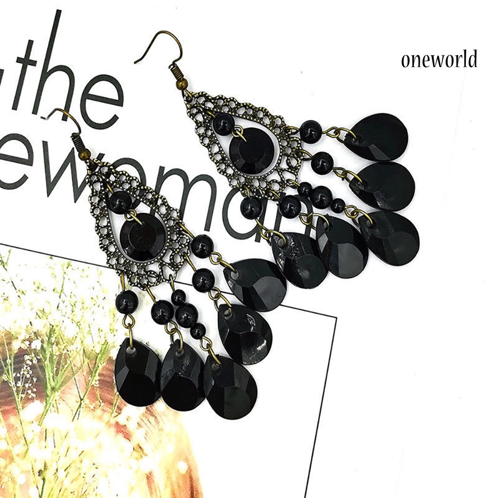 OW@ 1 Pair Hoop Earrings Exquisite Bright Hollow Pendant Water Drop Beads Earrings for Daily Life