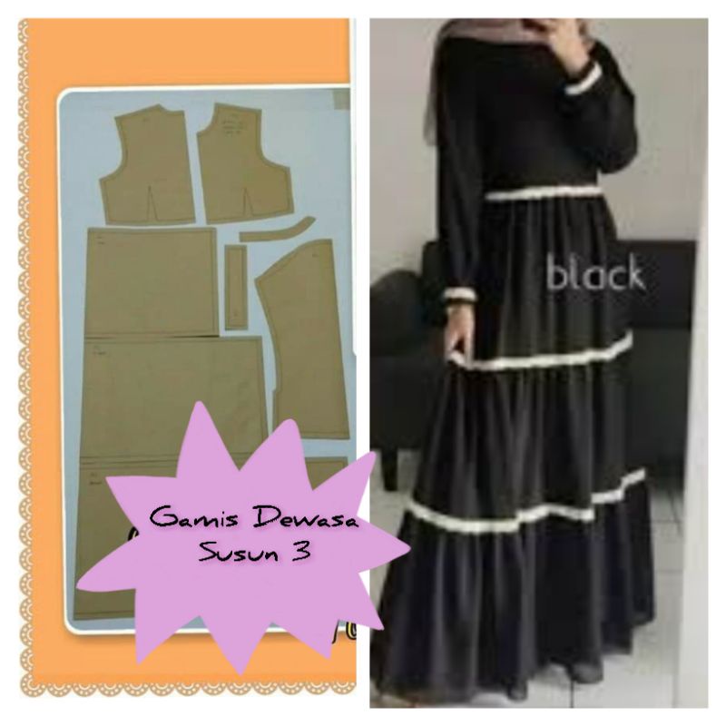 Pola Baju Gamis Dewasa Susun Tiga (JUAL POLA BUKAN BAJU)
