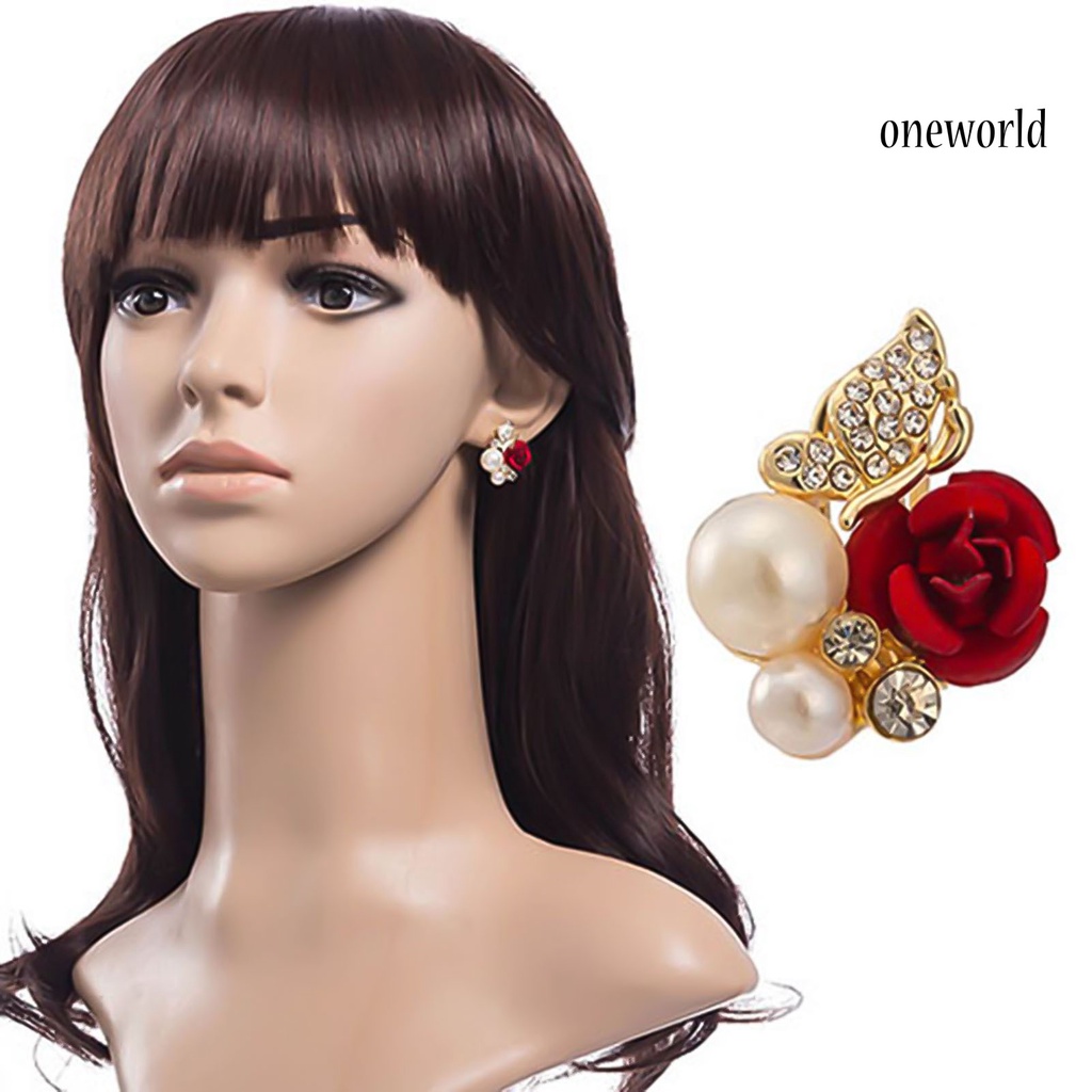 OW@ Earrings Red Rose Flower Faux Pearl Decor Exquisite Alloy Ear Studs Jewelry Gift for Party