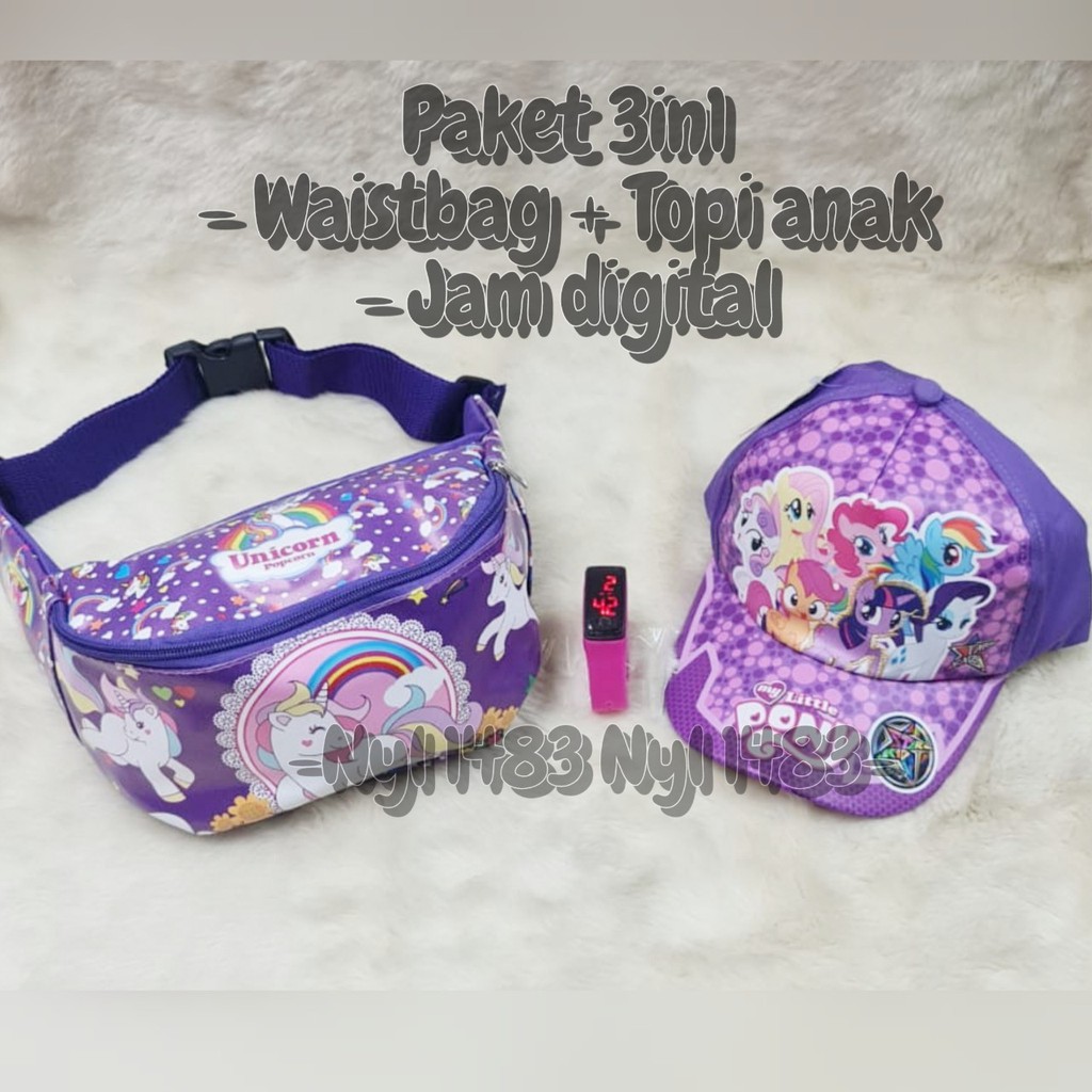 PAKETAN ANAK 3IN1 -  PAKETAN TOPI TAS WAISTBAG DAN JAM DIGITAL LITTLE PONY UNICORN
