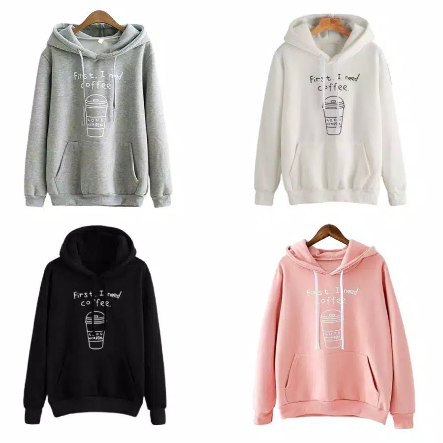 IvannaCollection Sweater Hoodie Oversize Couple Pasangan First I Need Coffee Bahan Fleece Size L XL XXL