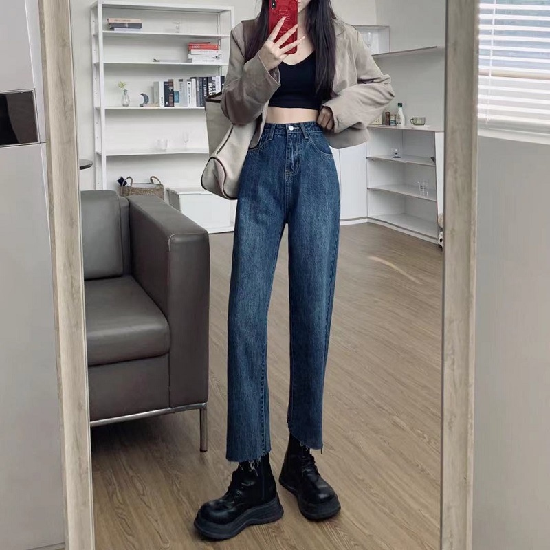 Jeans Biru Cropped Longgar Pinggang Tinggi Baru Untuk Wanita