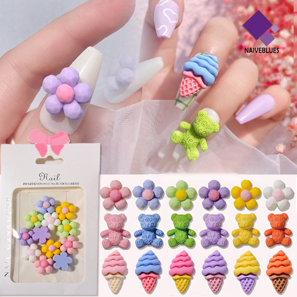 Naiveblue &gt; 12Pcs / Set Hiasan Kuku Motif Kartun Beruang / Bunga Bahan Resin Untuk Nail Art / Manicure DIY