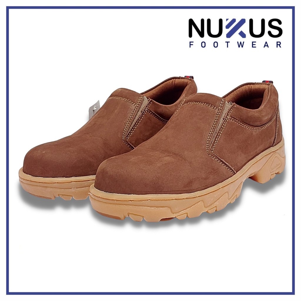 Nukus Sepatu Safety Pria Pendek Slip On Kulit Nobuk Asli Coklat Tua - 065 NB