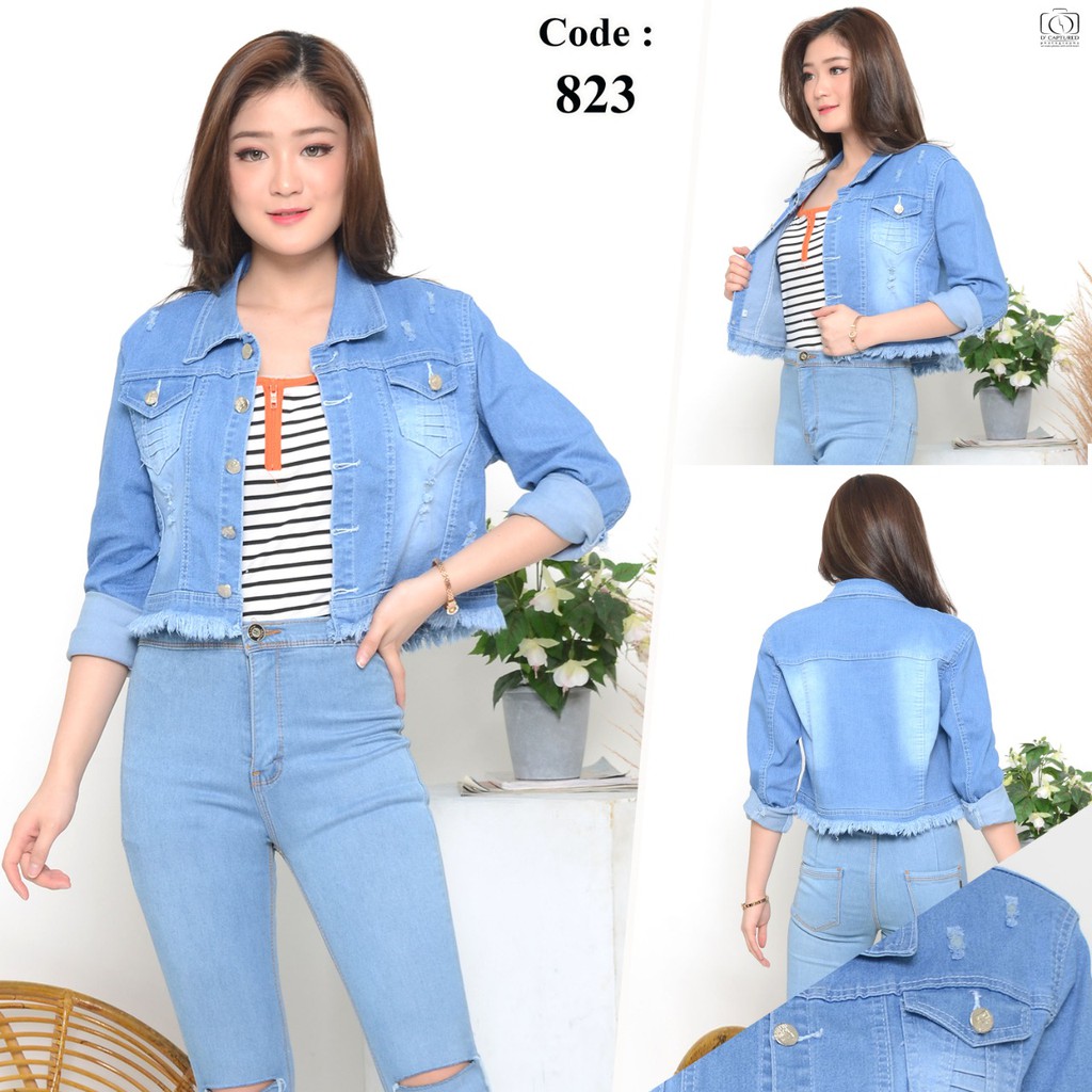 MC girl Jaket Jeans Crop Sobek Rawis / Jaket Body Pendek Ripped Rumbai