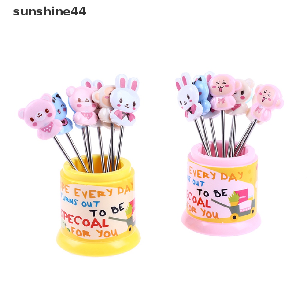 Sunshine 1 Set Garpu Buah / Dessert Bentuk Binatang Bahan Stainless Steel Warna Pelangi Dengan Toples Penyimpanan