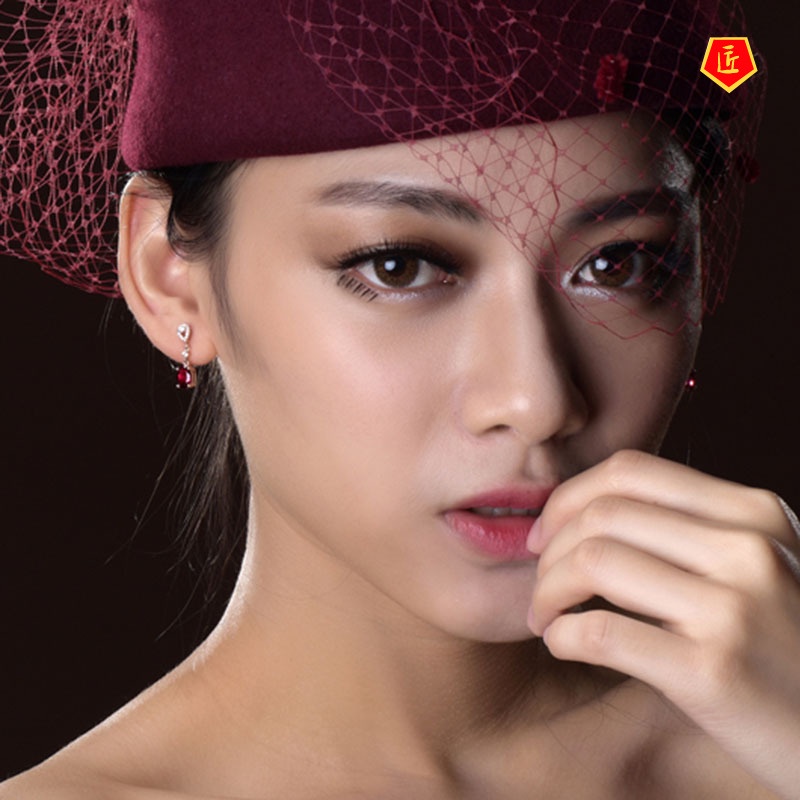 [Ready Stock]Graceful Colored Gems Red Amethyst Earrings 18K Gold