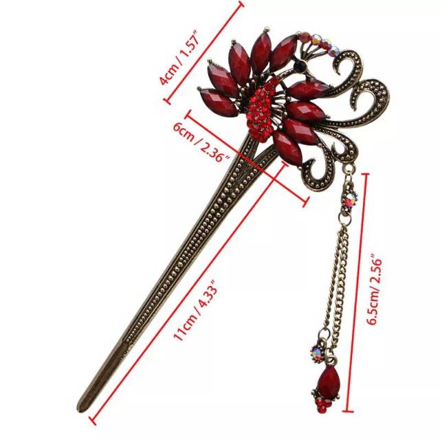 Tusuk konde hair Sticks motif peacock berlian merah imitasi