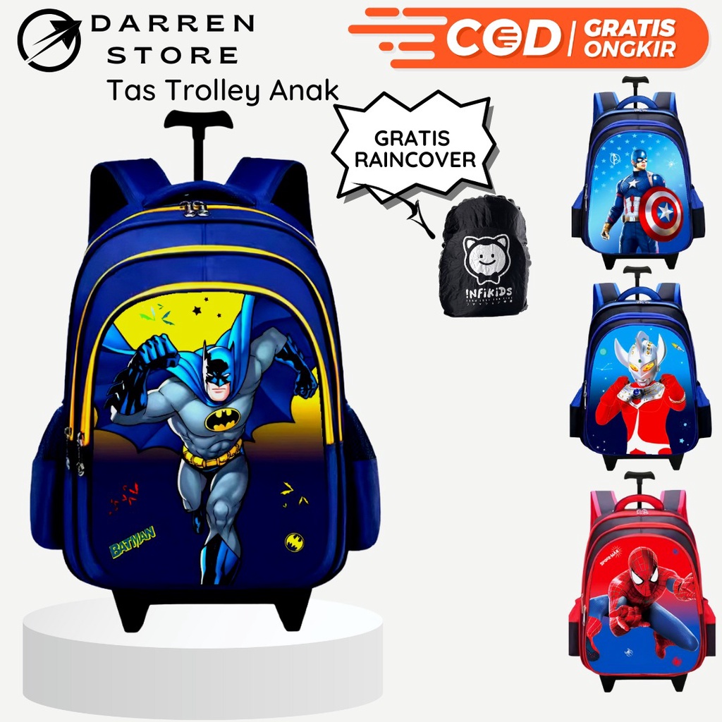 Tas Troli Anak Sekolah SD Laki Laki import 1925 Tas Dorong Superhero Ransel Trolly SD Timbul