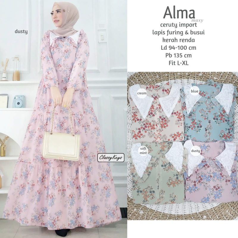 Gamis Alma Kekinian Bahan Ceruty Import Murah Berkualias.Gamis Premium Krah Renda Ld 94-100 Good Qua