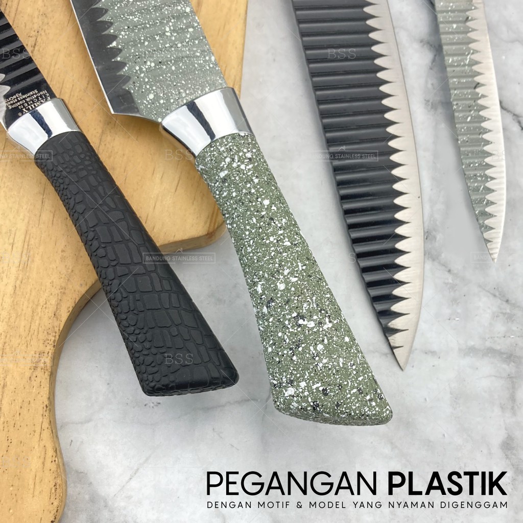 Pisau Dapur Tajam Motif Elegant Murah Hitam Hijau Granit 5inch 8inch Texture Kulit Pegangan Nyaman