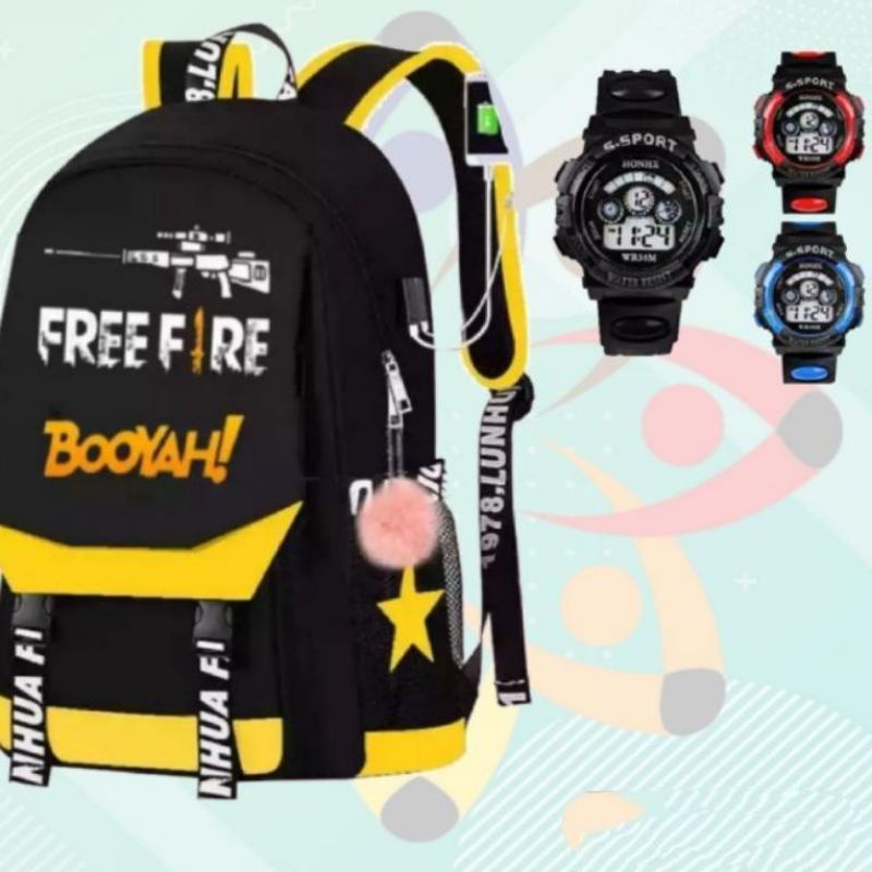 Tas anak ransel laki-laki karakter free firee gratis jam tangan - tas anak