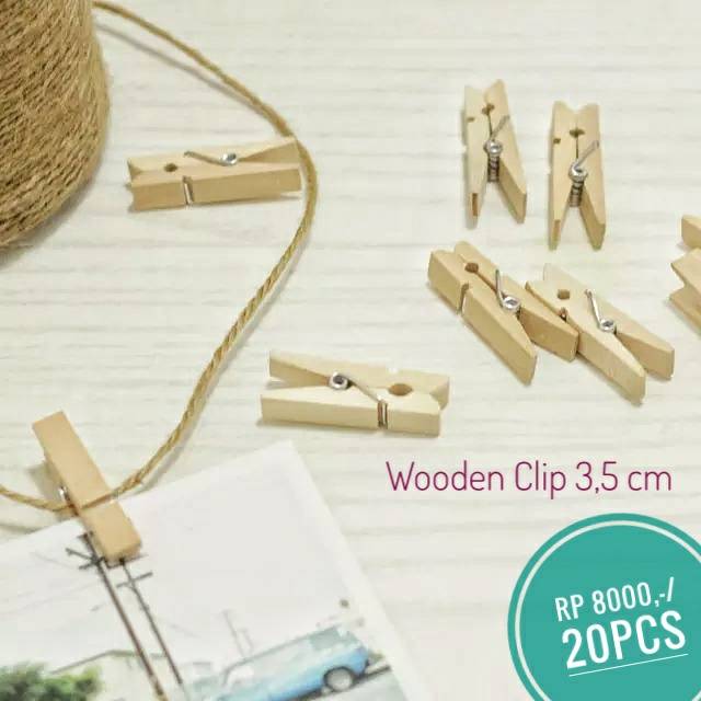 Wooden Clip 3,5 cm 20 PCS - Jepit Foto Kayu Murah - Penjepit Polaroid Plus Tali Rami